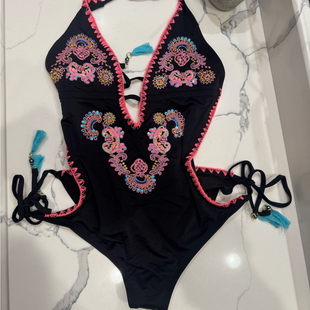 Black and Pink Embroidered One Piece Swimsuit  NWT - Picture 3 of 5